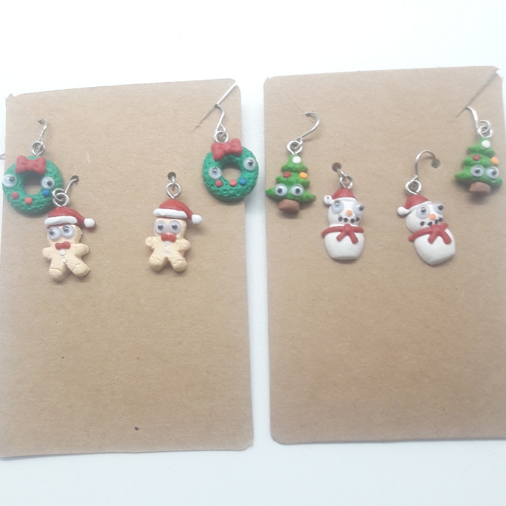 Small Christmas Earrings - Set of 4:  Wreath, Snowman, Tree, Gingerbread Man
